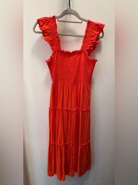 Pinch Orange Ruffled-Sleeve Smocked Midi Dress Size Large EUC